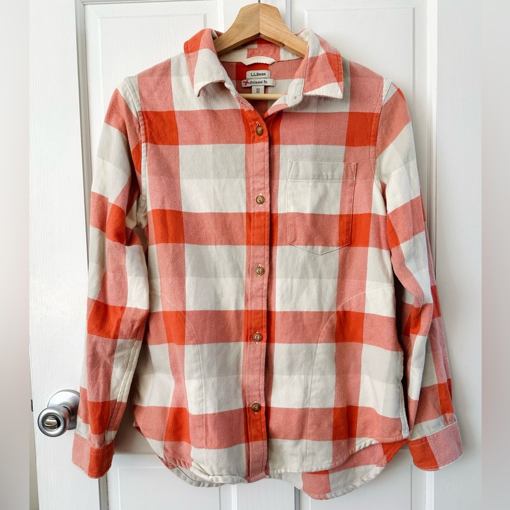 LL Bean Chamois Cotton Flannel Plaid Relaxed Fit Button Up Shirt Shacket Size XS